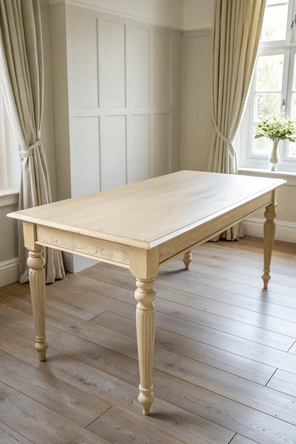Warm creamy-painted table for cozy cottage calm—soft, scuff-friendly, and beautifully minimal.