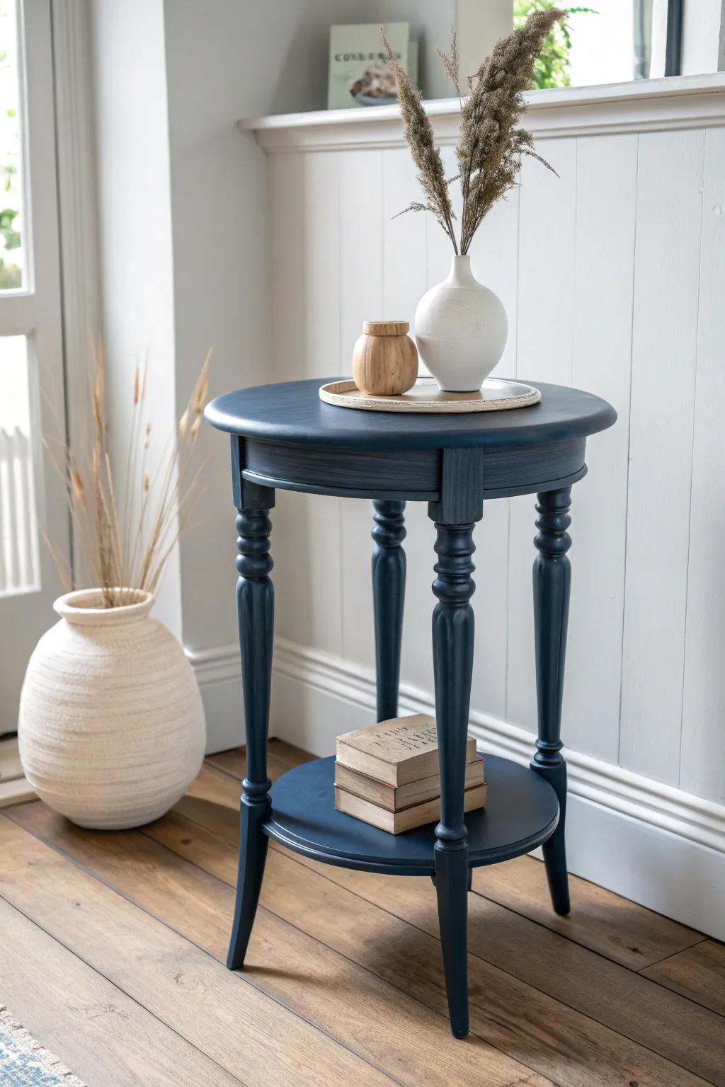 Deep navy end table with turned legs—minimal, dramatic, and beautifully handcrafted.