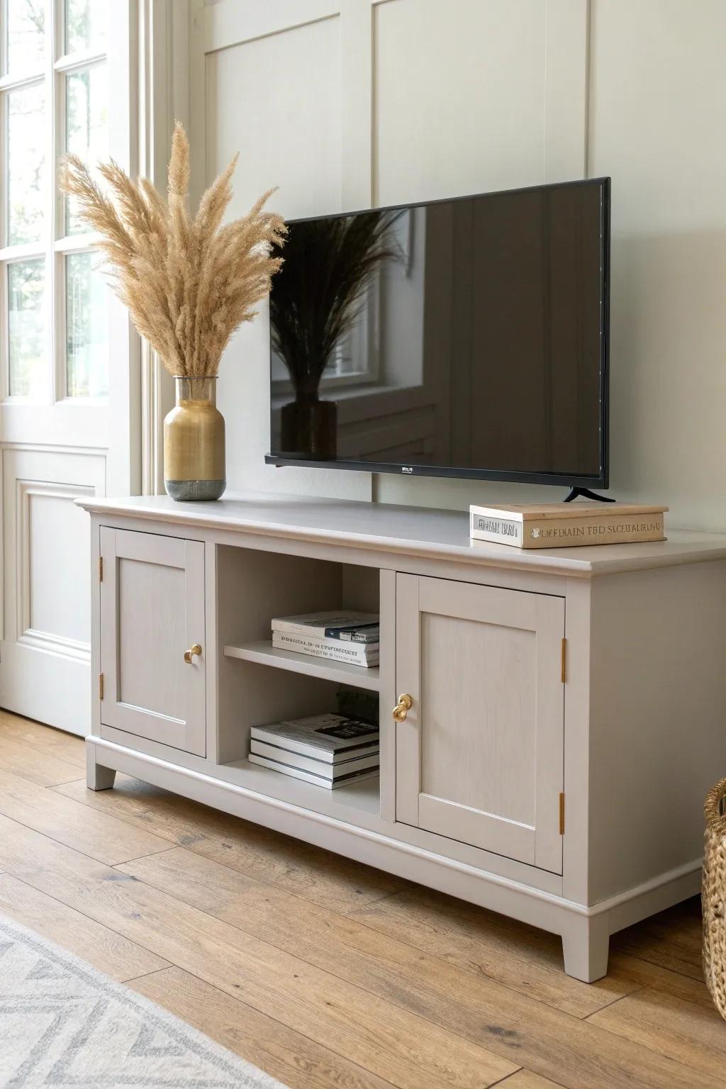 Soft greige calms a busy room—this painted wood media console blends everything effortlessly.