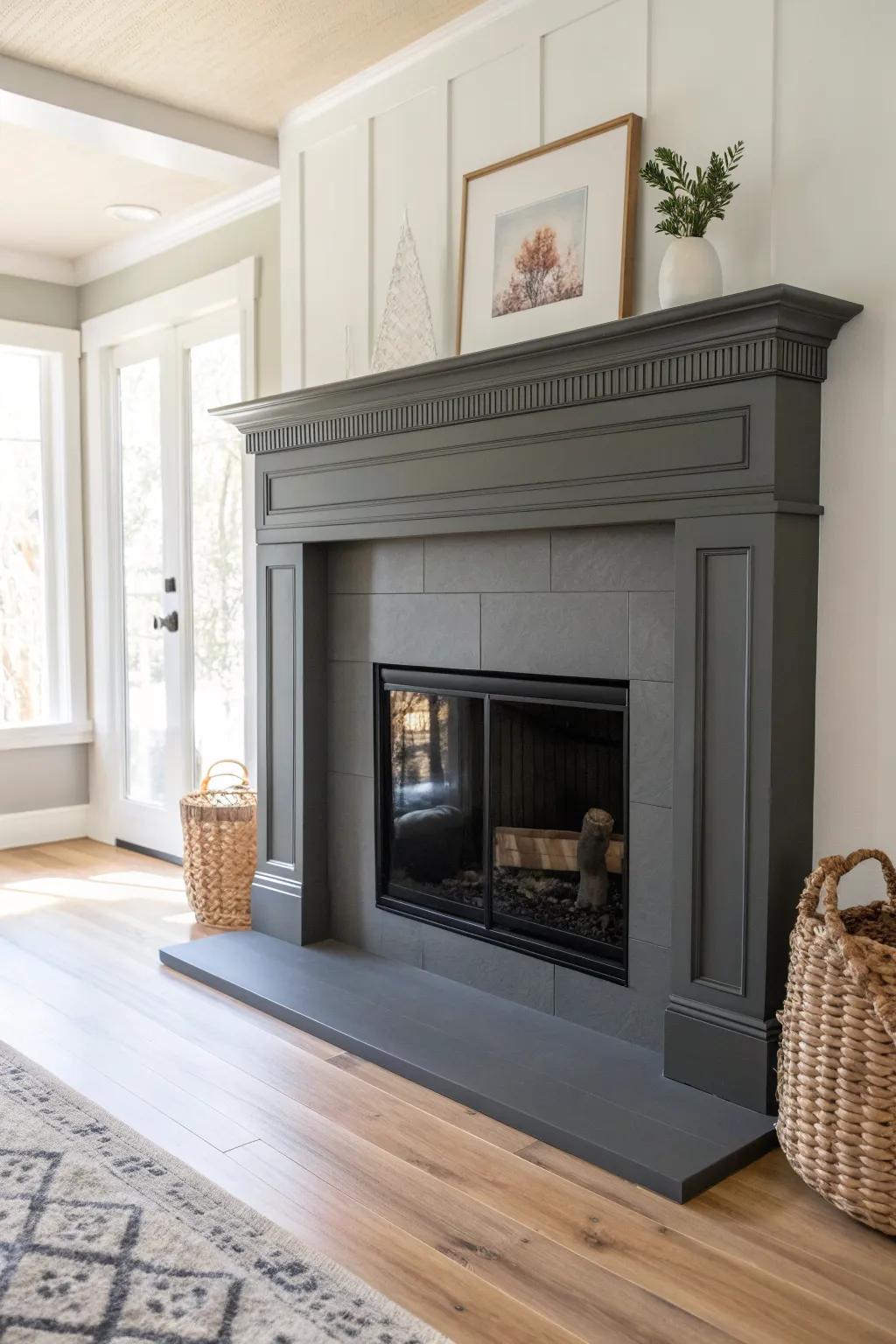 Charcoal gray fireplace surround: cozy built‑in drama without going full black at home.