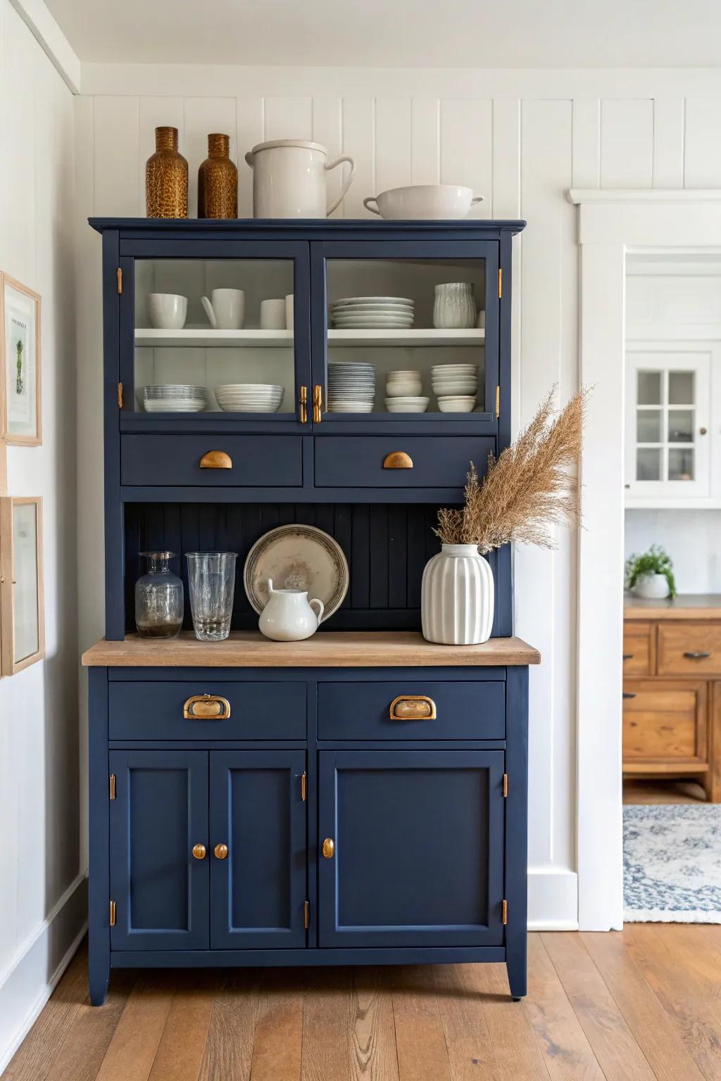 Navy-painted Hoosier cabinet: a bold anchor that pops beautifully against crisp white dishes.