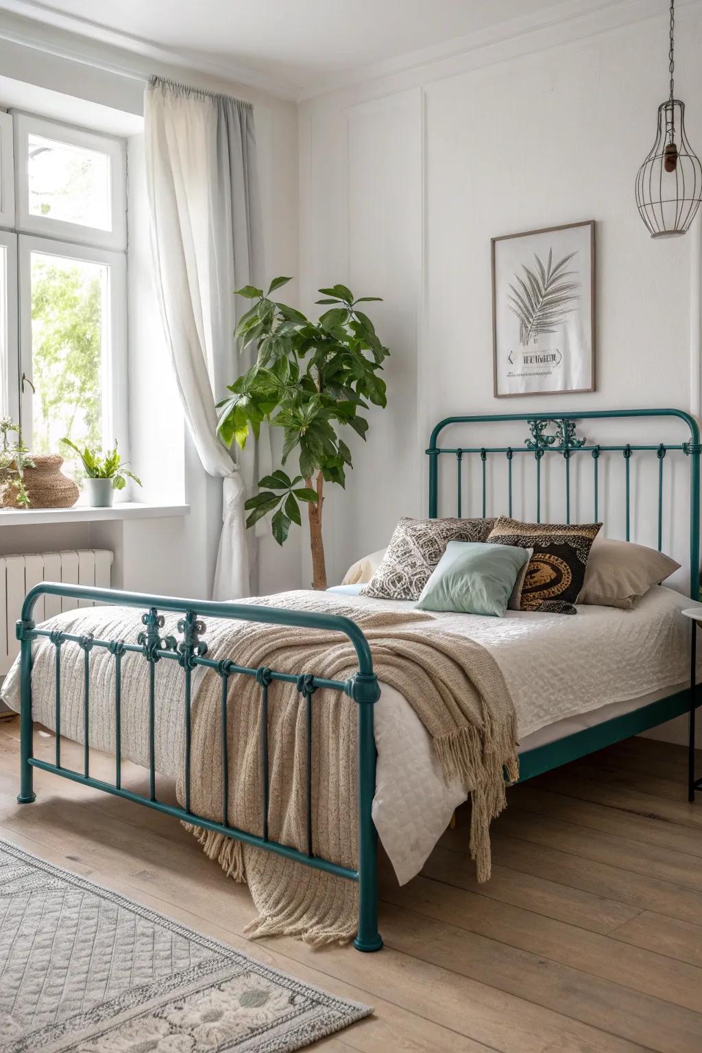 Transform your space with a bold teal metal bed frame, where bohemian charm meets minimalist elegance.