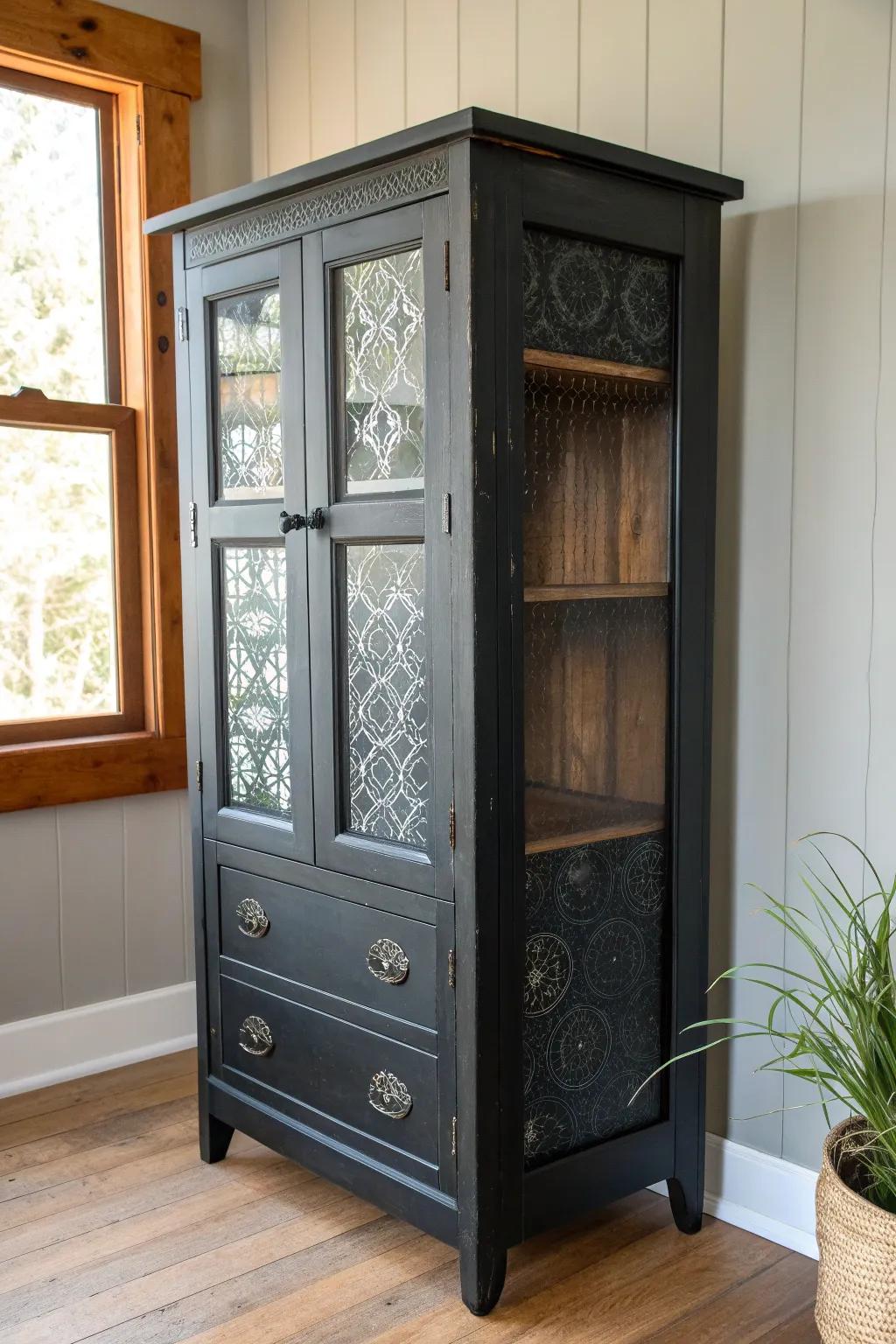 Moody matte-black pie safe with bright tin panels—bold contrast that anchors any dim corner.