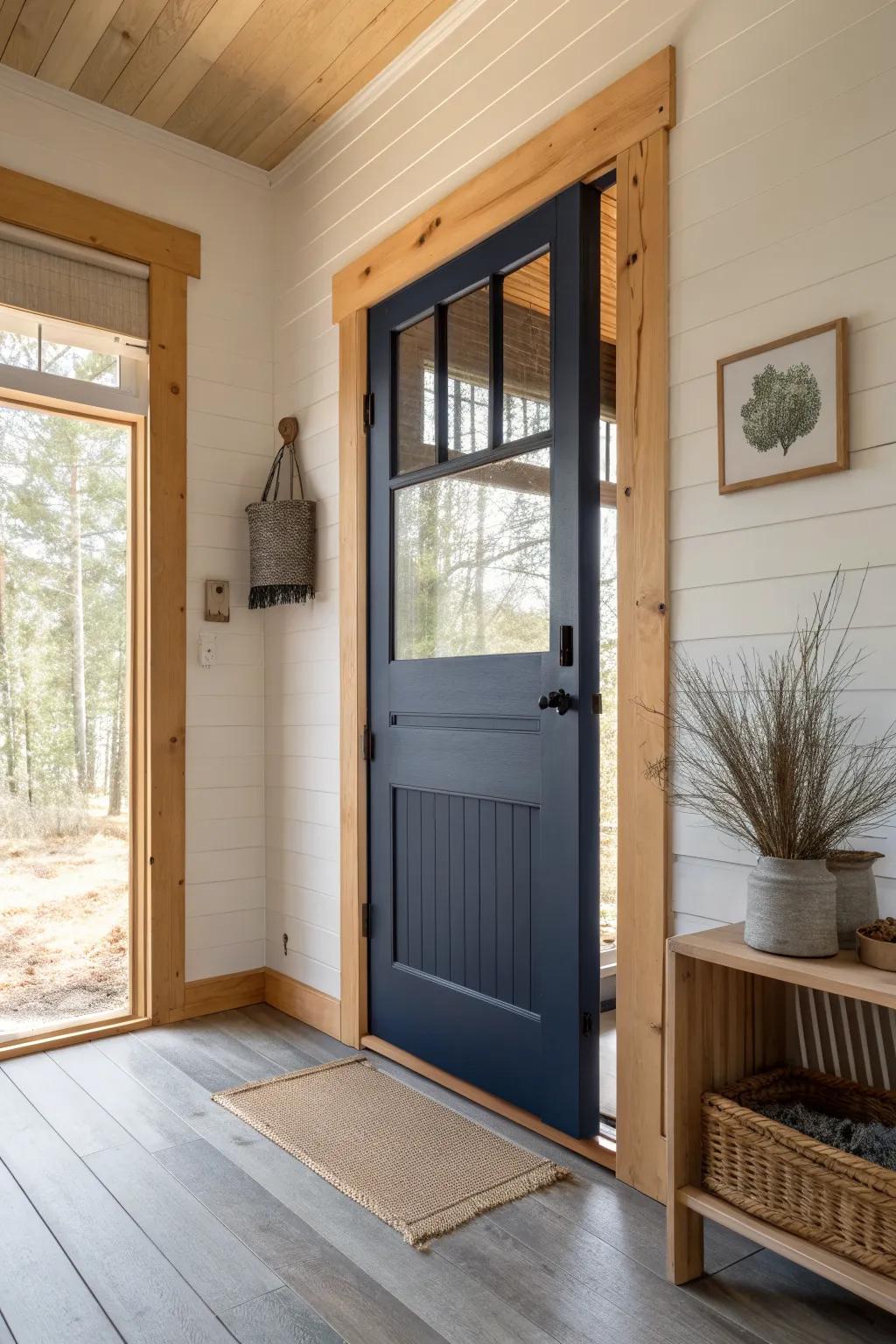 Deep navy screen door + warm wood tones: timeless contrast with a calm, crafted look.