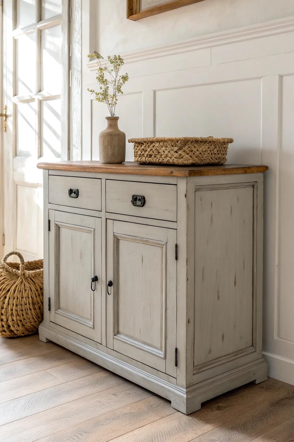Soft gray farmhouse sideboard—calm, cozy, and forgiving, with natural wood peeking through.