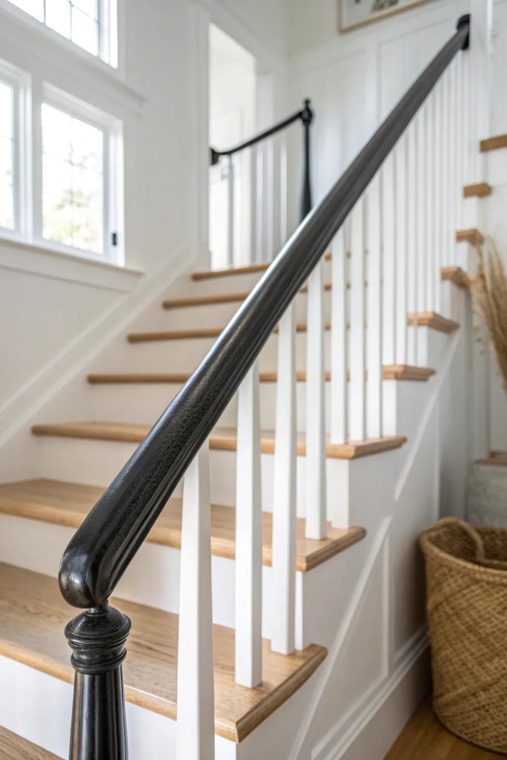 Timeless contrast: matte black handrail with crisp white balusters for a custom look.