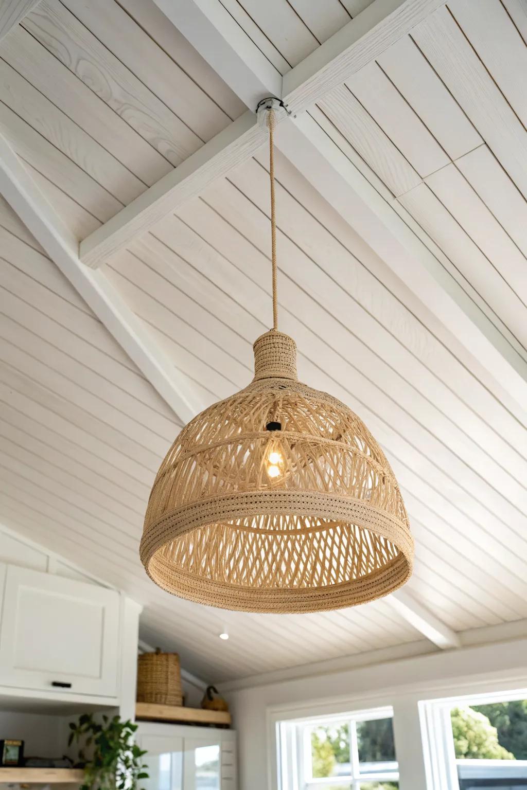 Creamy warm-white tongue-and-groove ceiling—bright, cozy, and softly Scandinavian.