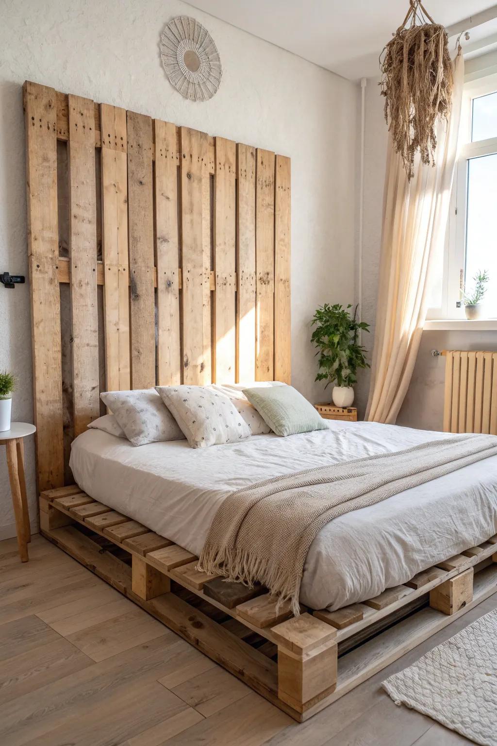 Matching pallet headboard wall: raw, sealed reclaimed wood for a finished, intentional look.