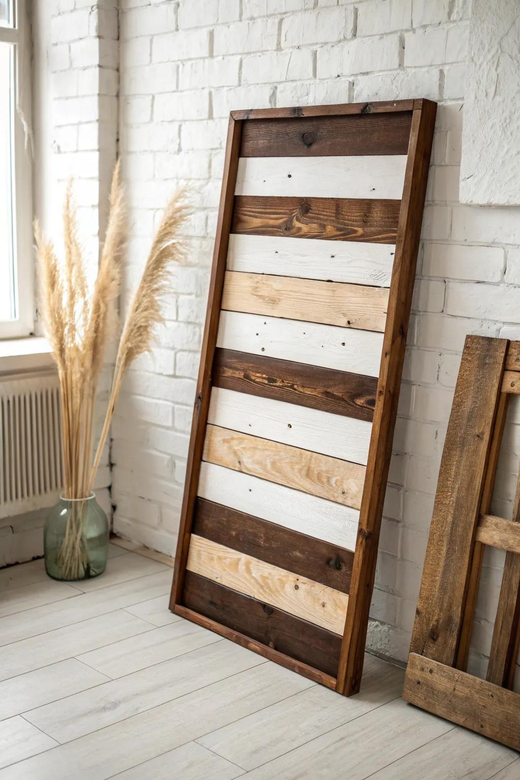 Two-tone pallet magic: dark stain frame + light painted slats for instant contrast.