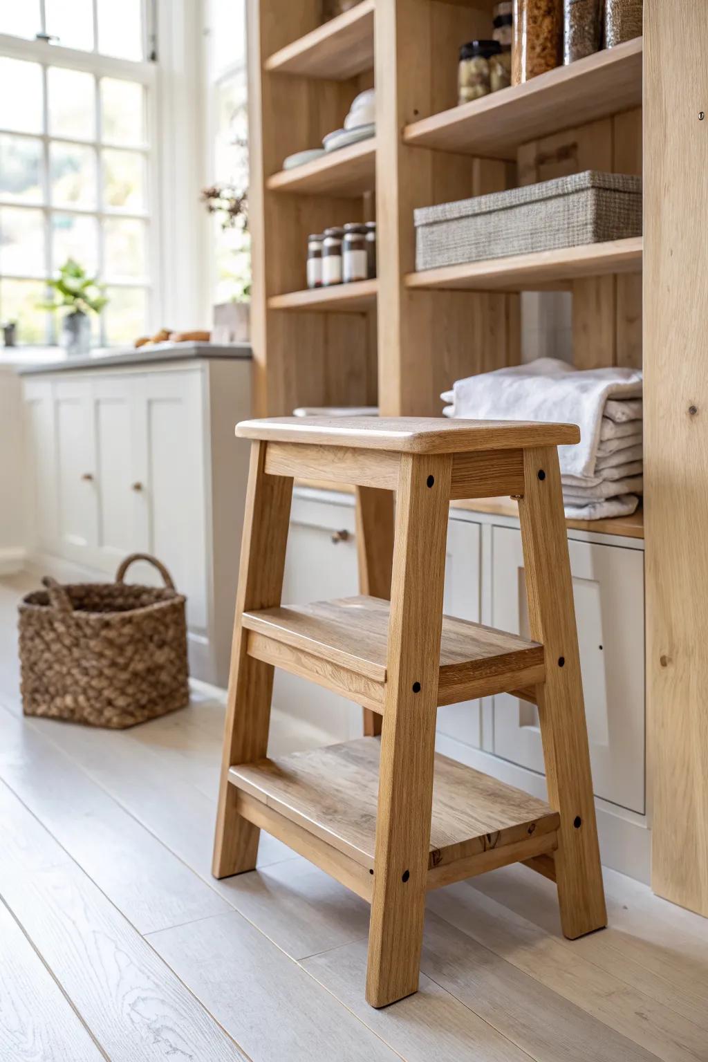 Go vertical: a slim wooden step stool makes ceiling-high pantry storage easy and beautiful.