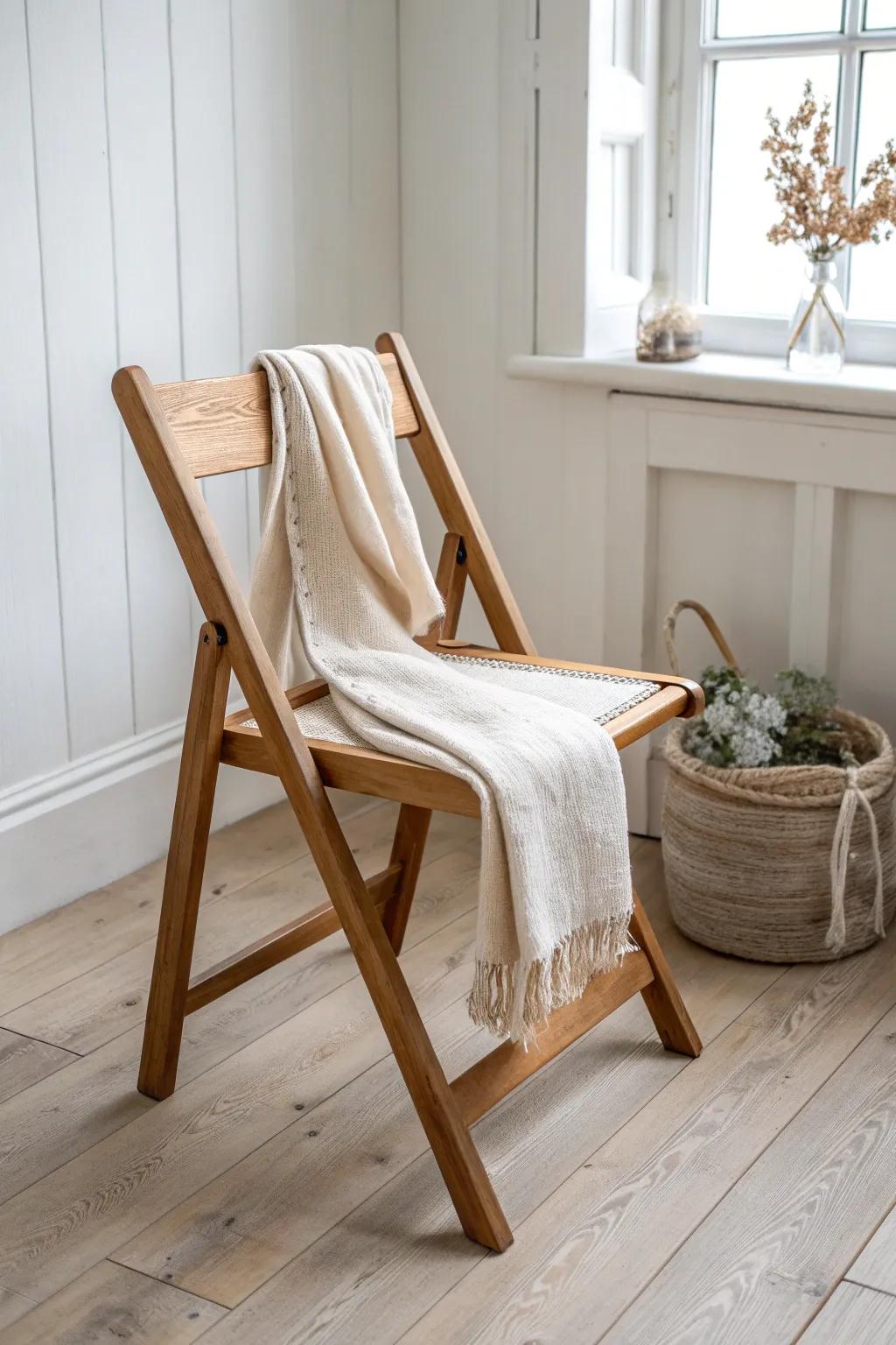 A simple folding chair made party-ready—just add a throw and tie-on cushion for instant comfort.