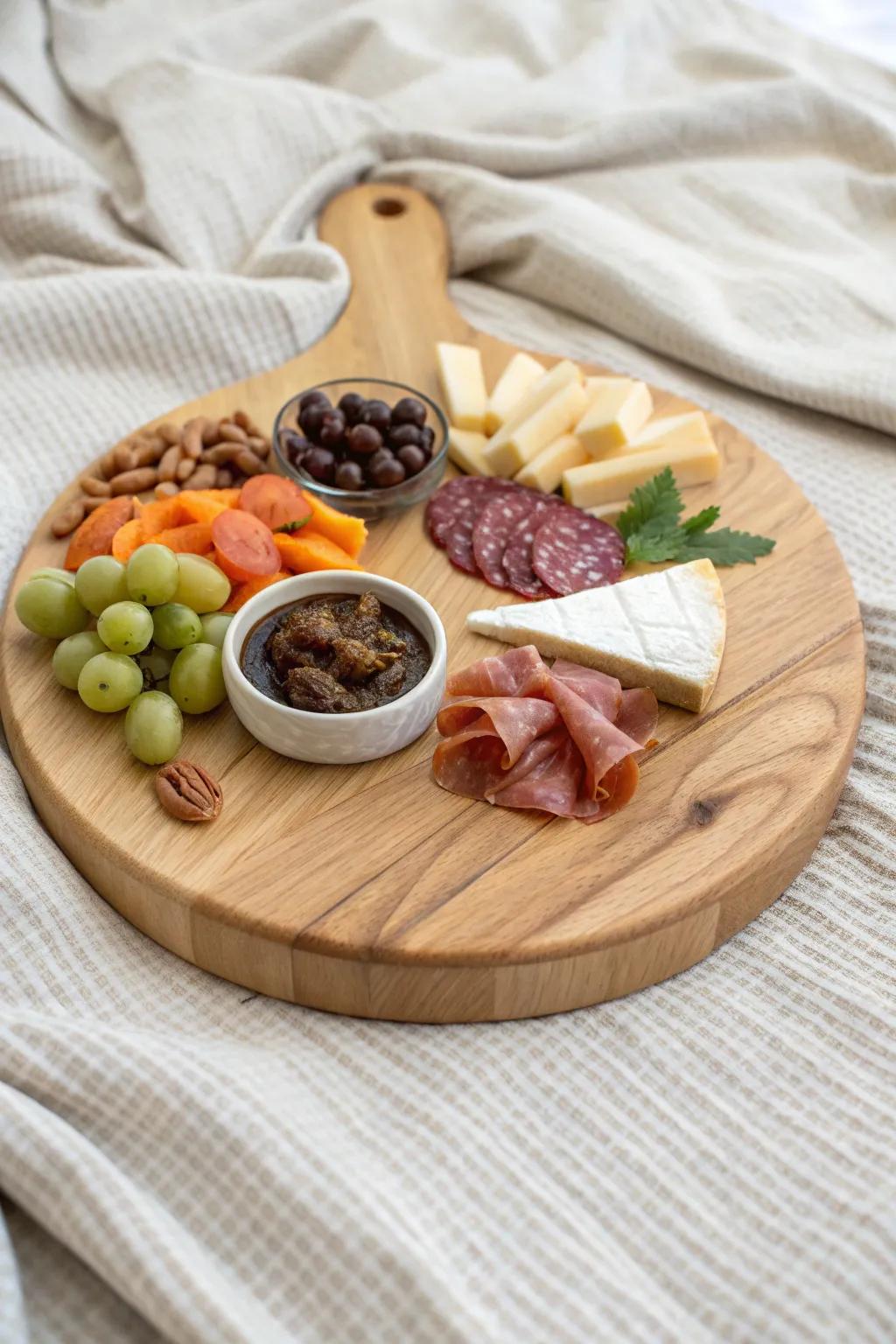 Round charcuterie board with a center dip bowl—perfect for tidy, shareable picnic wedges.