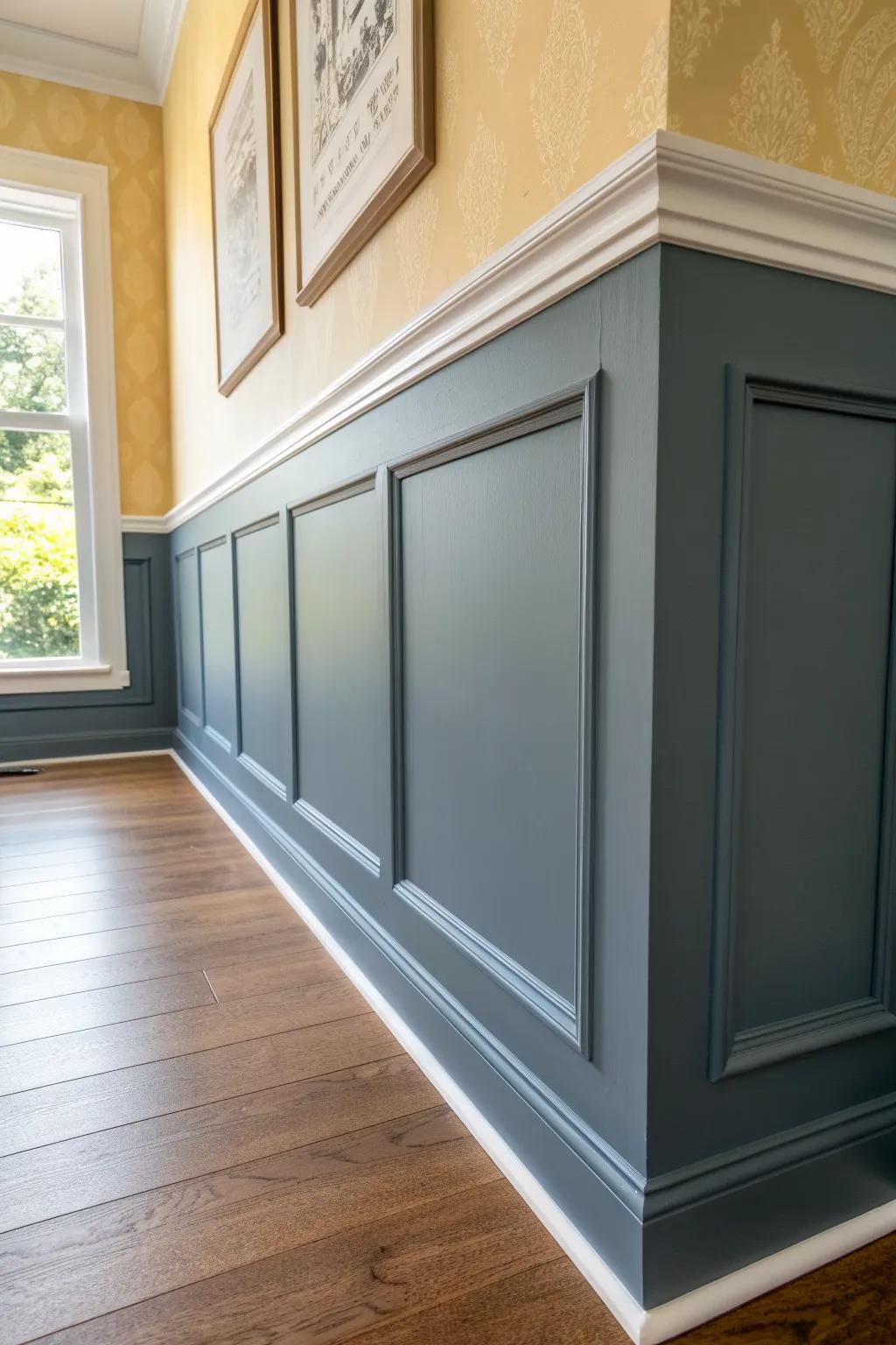 Two-tone picture frame wainscoting: darker lower panels, light upper wall for a taller feel.