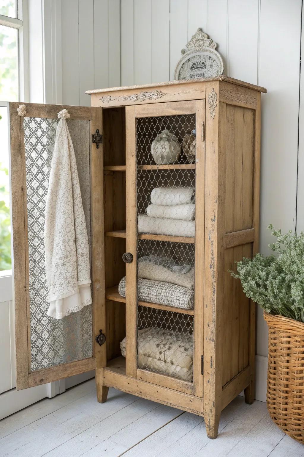 Folded vintage linens on the lower shelves add cozy softness to a classic pie safe.