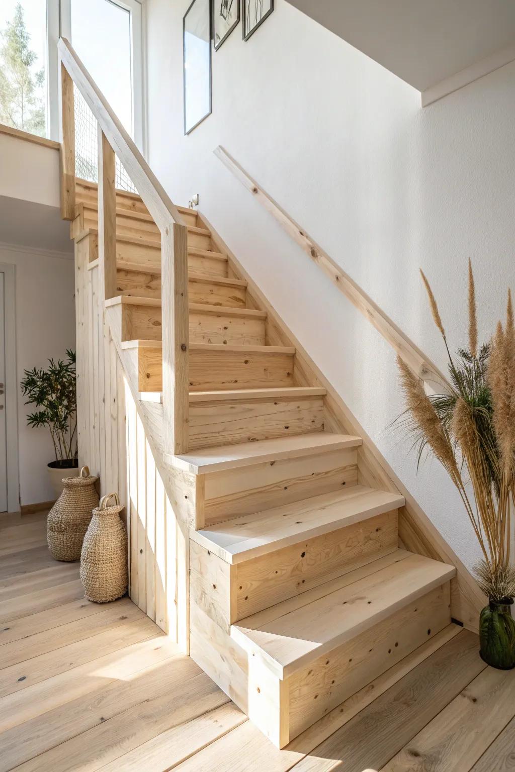 Bare-look matte clear coat keeps pine stairs pale, protected, and beautifully minimalist.