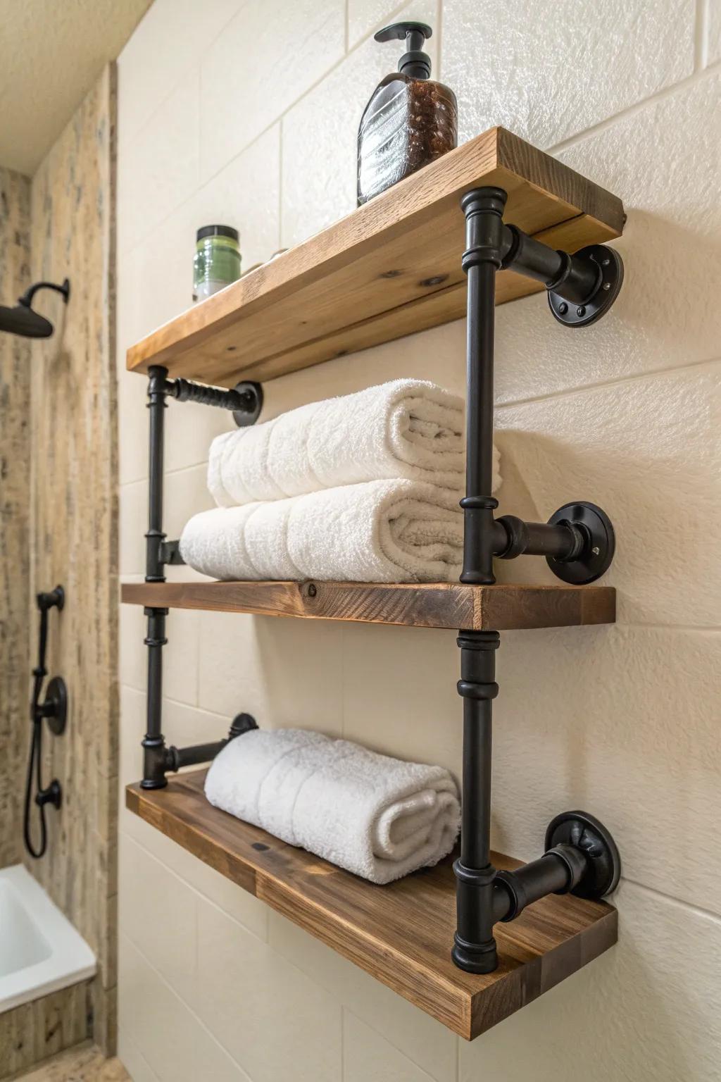 Elevate your bathroom storage with this sleek and practical pipe shelf—where industrial design meets cozy elegance.