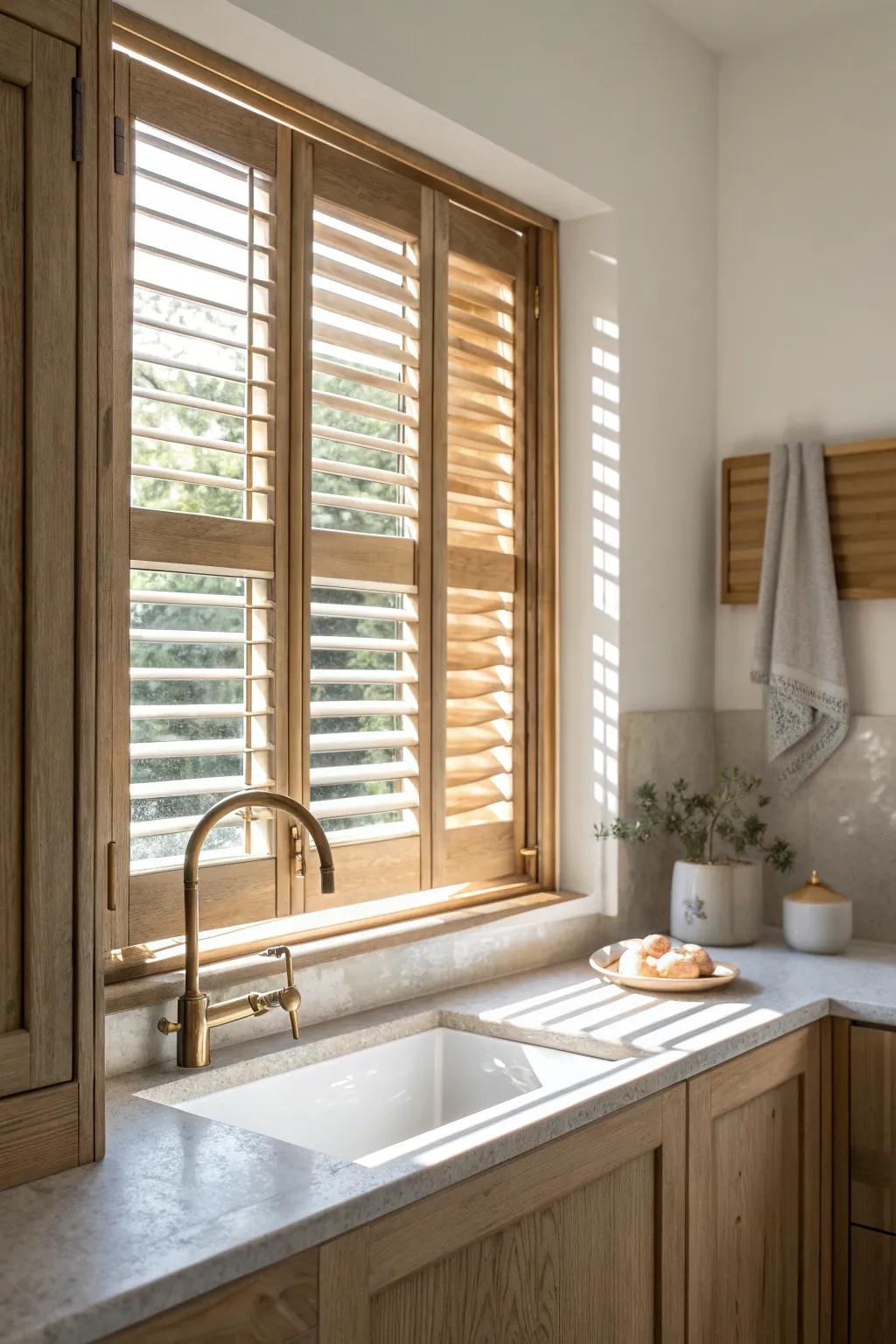 Sunlit plantation shutters over the sink—practical, wipe-clean, and beautifully warm in oak.