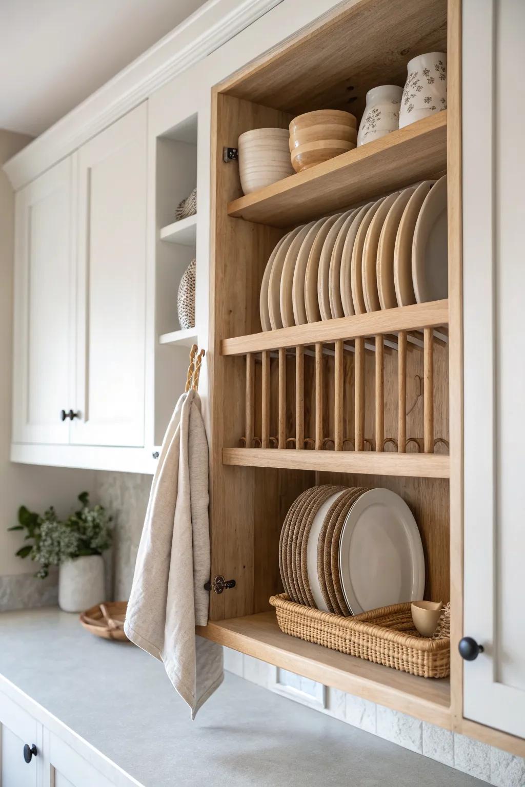 A seamless built-in oak plate rack that turns everyday ceramics into calm, custom display.