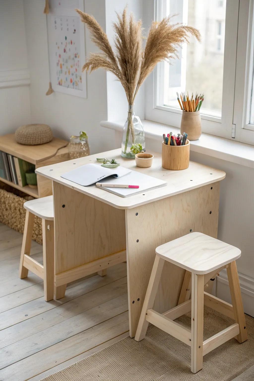 A kid-height plywood craft station that’s wipe-clean, minimal, and made for marker mayhem.