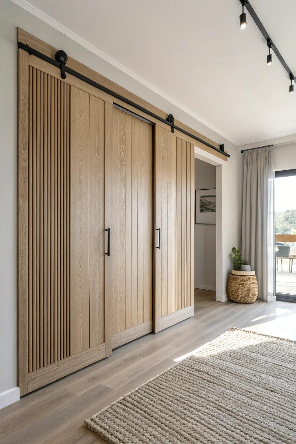 Bypass sliding double doors: wide-opening flexibility with warm oak minimalism.