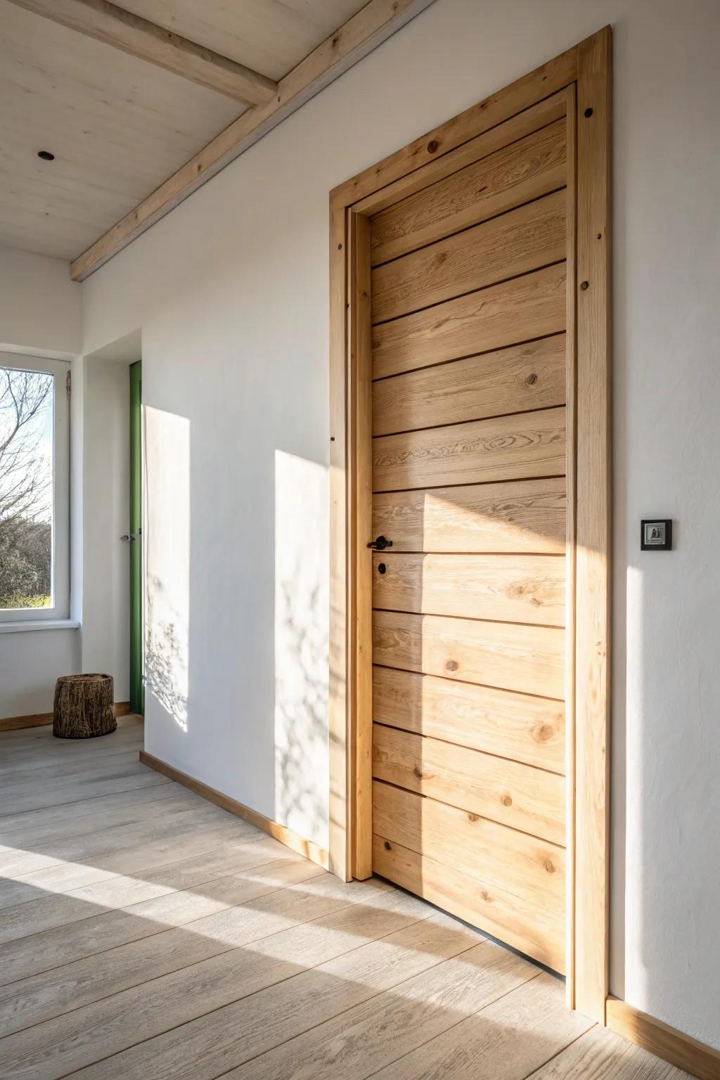 Farmhouse shiplap pocket door—clean grooves, warm wood tones, and cozy minimalist texture.