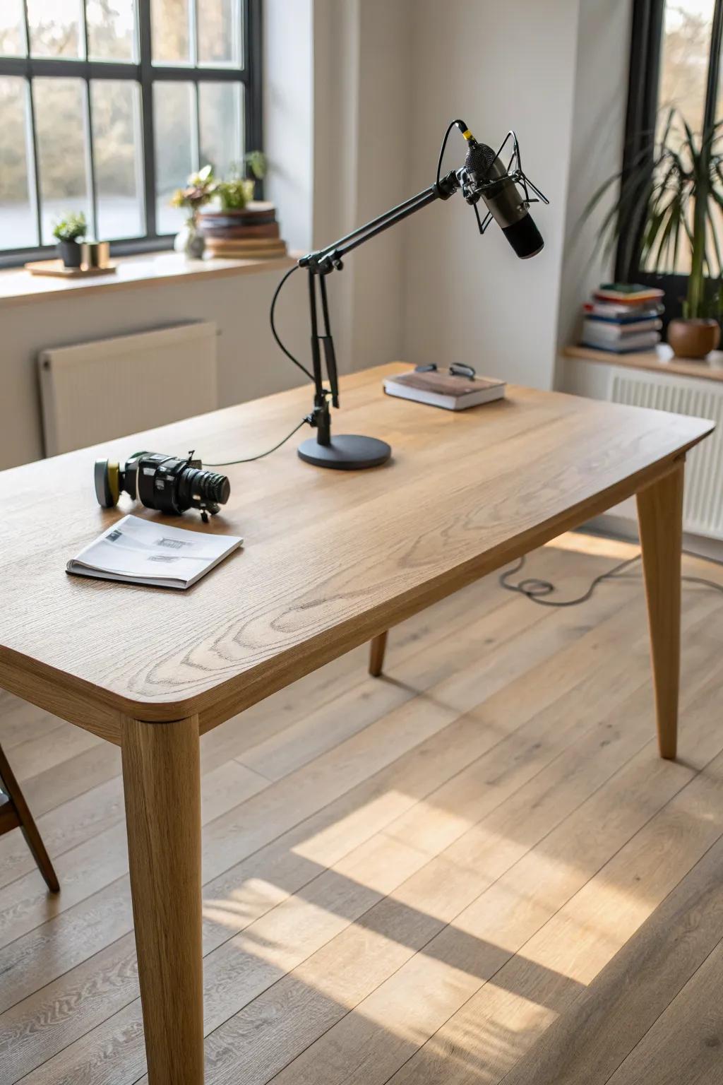 Classic rectangle podcast table with subtle inlay mic zones—clean, calm, guest-friendly layout.