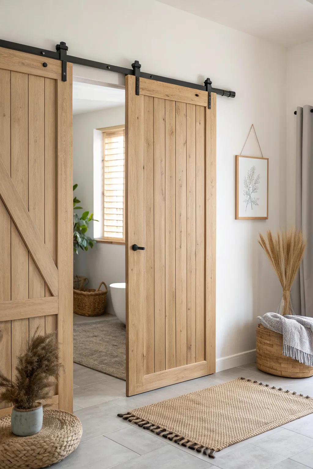 A space-saving sliding barn door that adds warm wood texture and effortless pole barn charm.