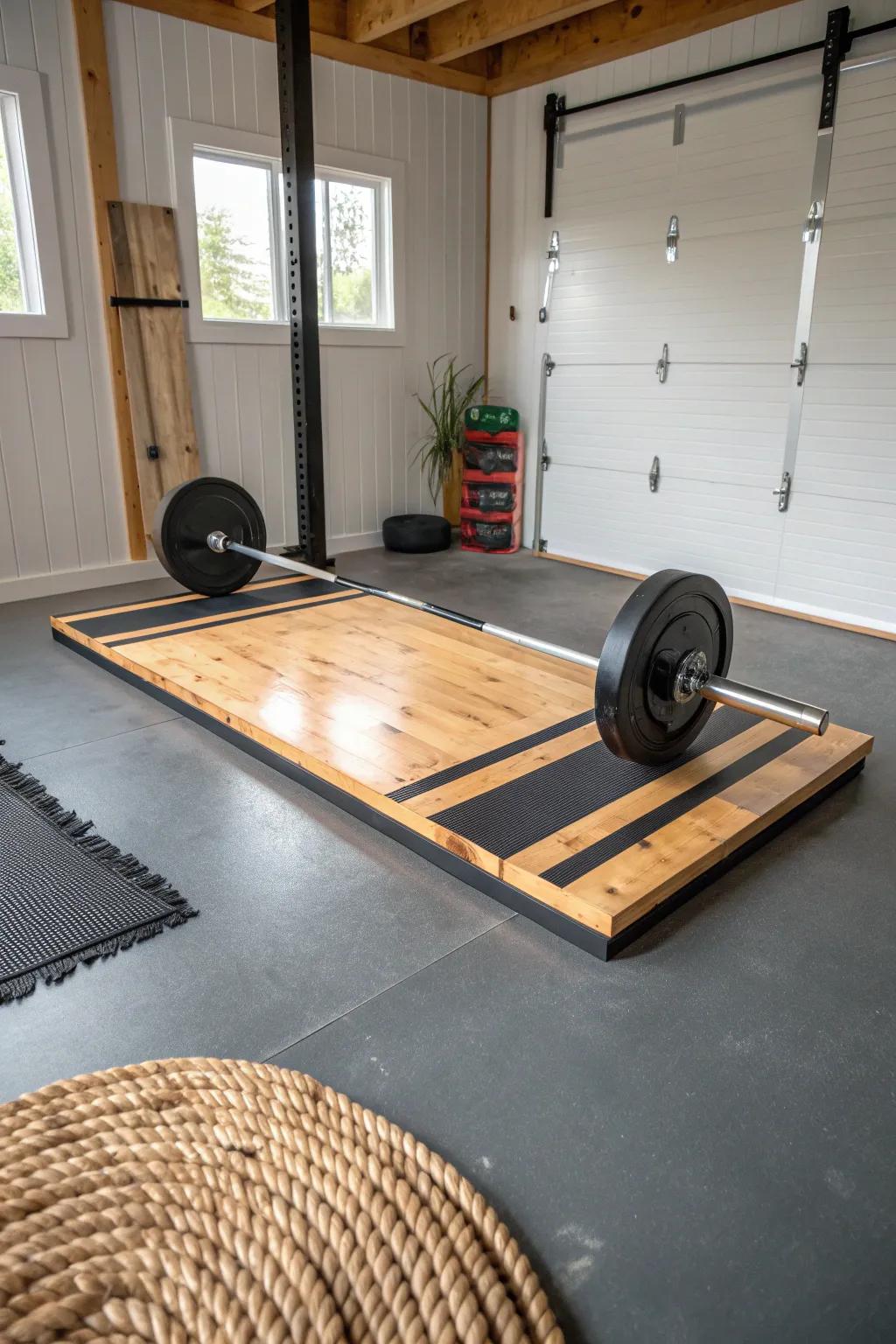 Crisp wood-inlay lifting platform—studio-worthy contrast for a bright, minimalist pole barn gym.
