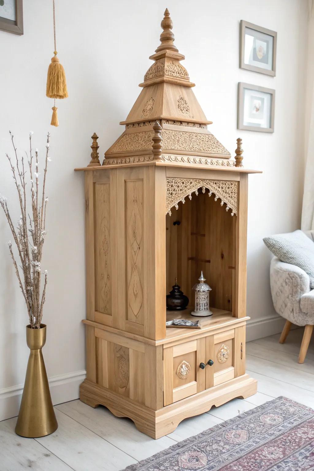 A snug corner mandir with a tiny stepped roof—minimal, warm oak, and quietly sacred.