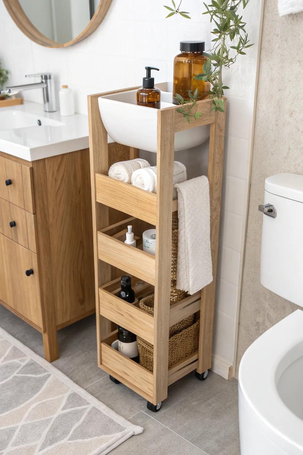Turn that tiny vanity-to-toilet gap into elegant storage with a slim rolling oak cart.