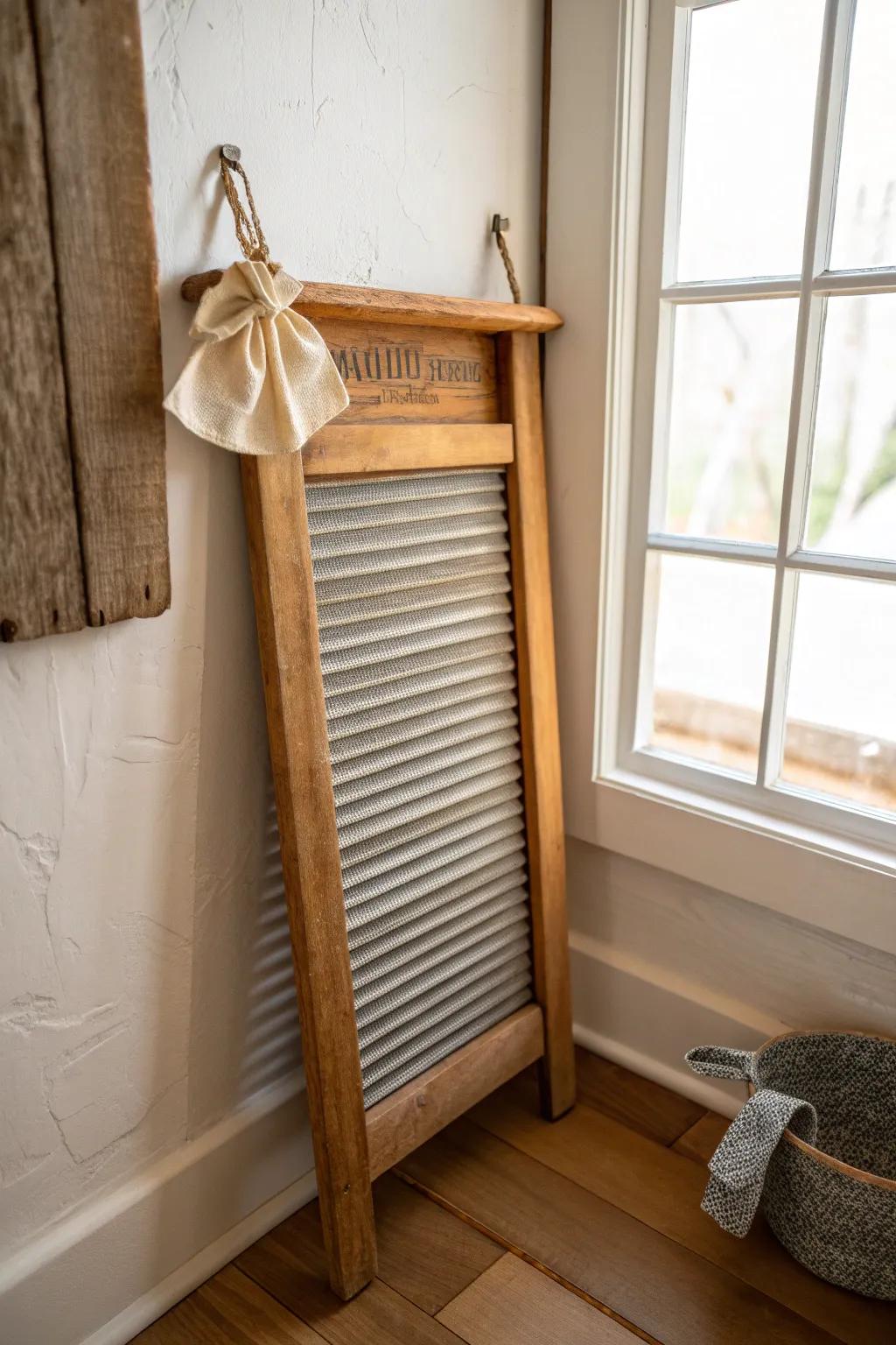 Vintage washboard wall accent with a simple homespun bow—rustic texture, clean and cozy.