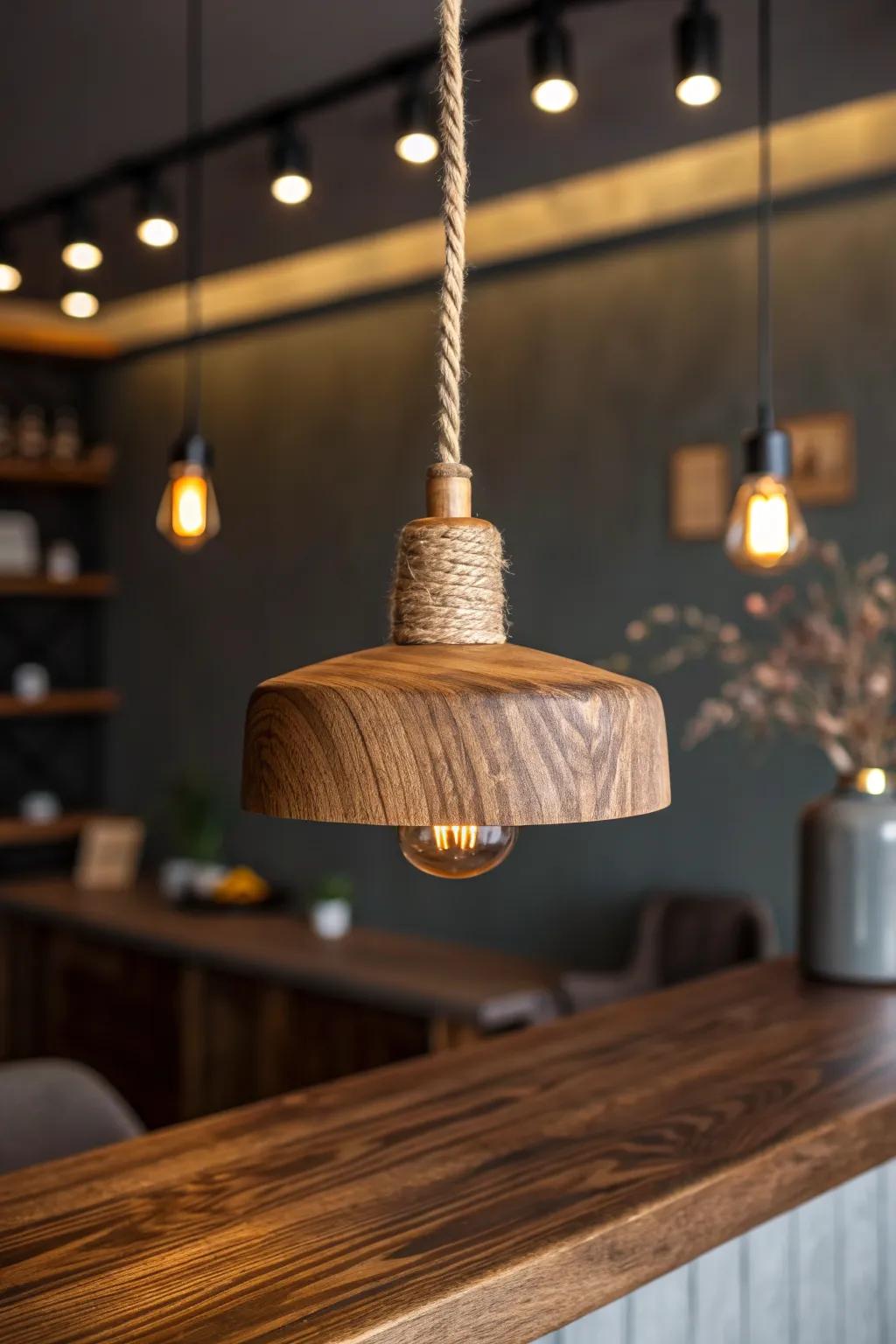 Warm layered glow: a handcrafted wood pendant that instantly turns any corner into a cozy pub.