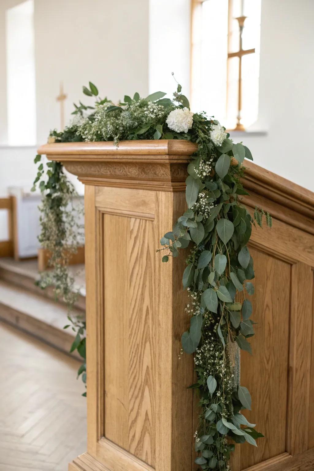 Timeless greenery garland on the pulpit rail, with white blooms tucked at the corners.