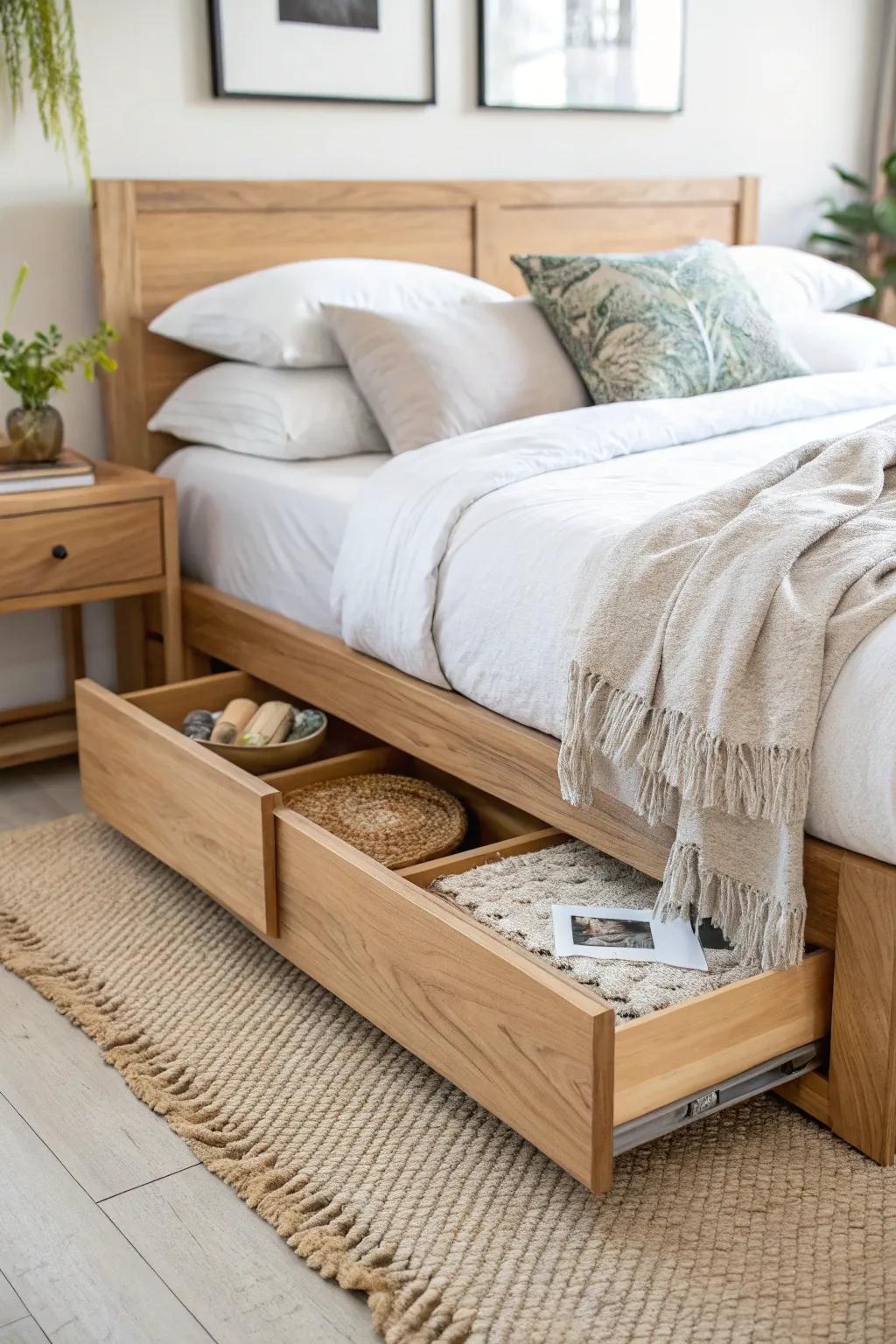 Two wide footboard drawers in warm oak—perfect storage for pillows and spare throws.