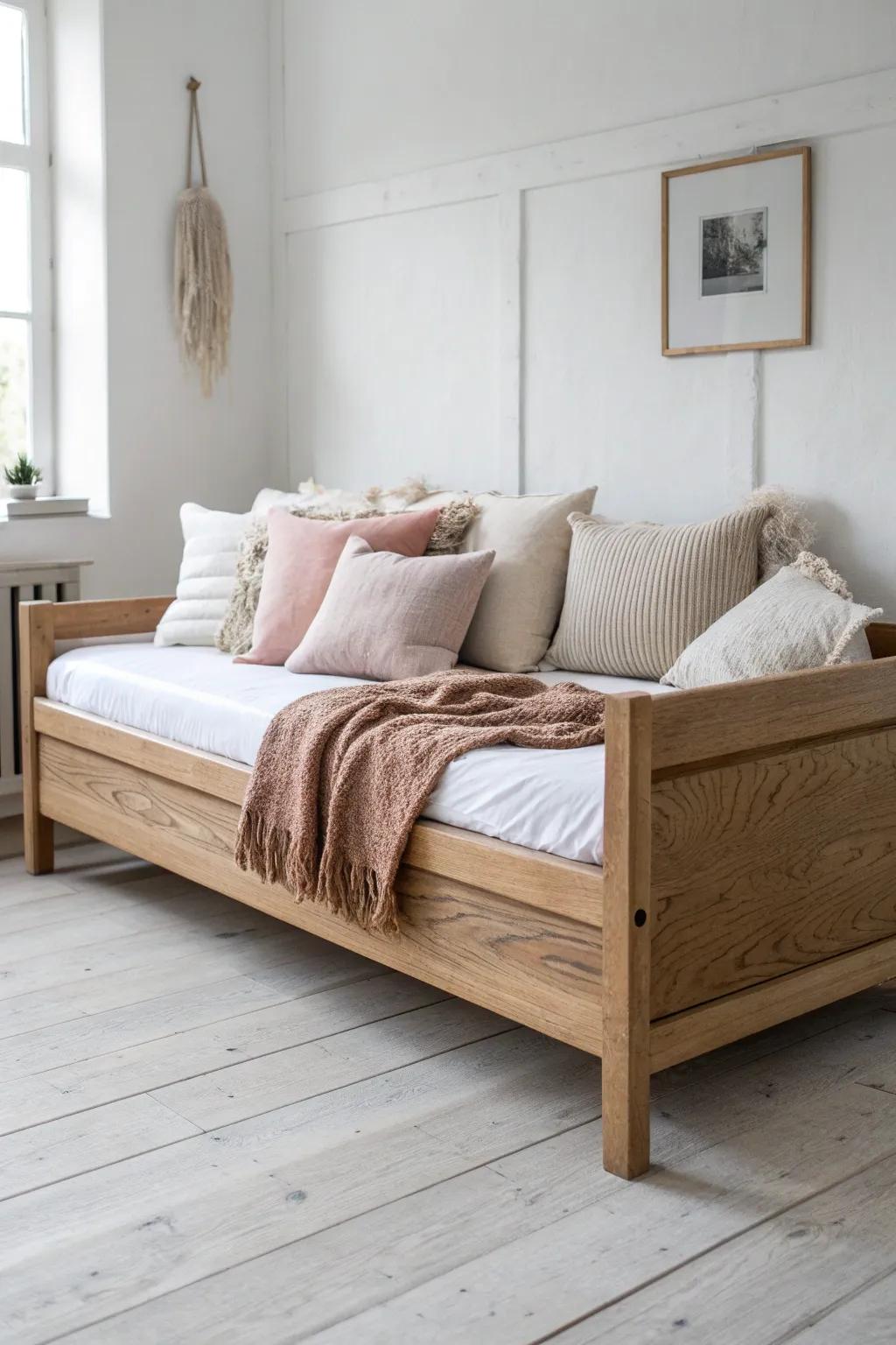 Linen shams and a chunky knit throw create a cozy pillow-wall sofa-back for a queen daybed.