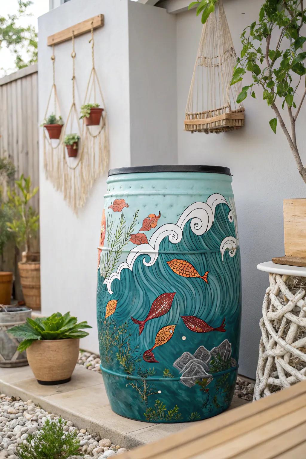 Transform your garden into an oceanic escape with this stunning aquatic-themed rain barrel art.