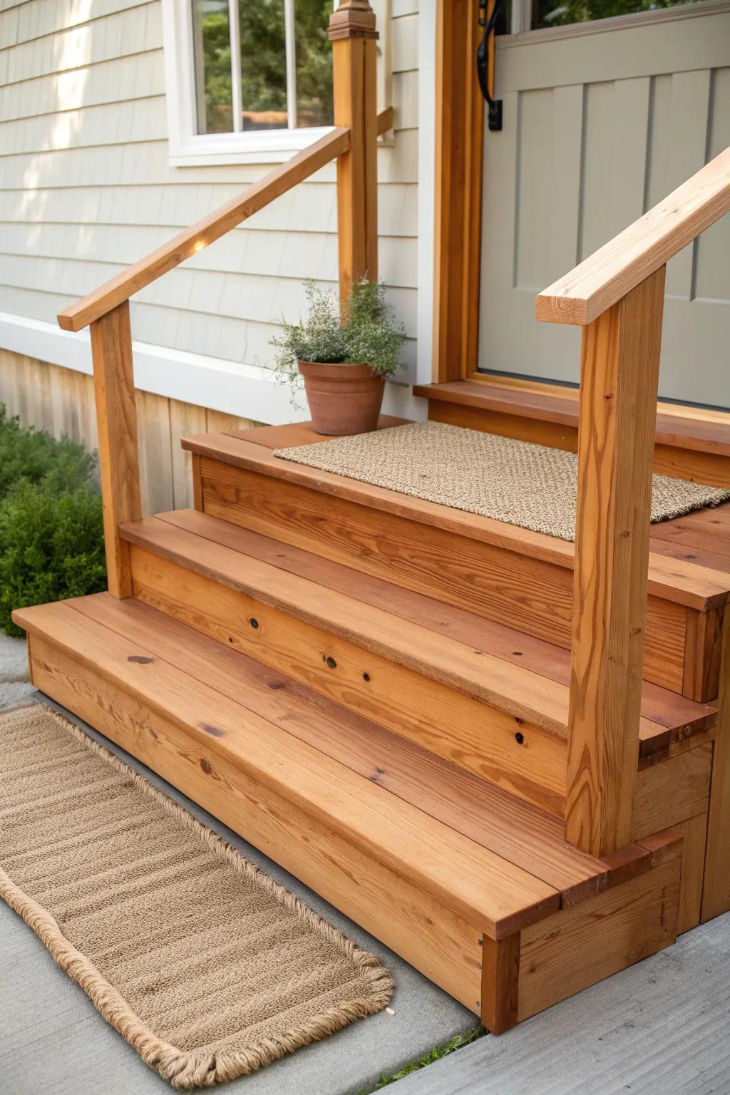 Extra-wide wooden front steps with a smooth handrail—simple, warm, and welcoming.