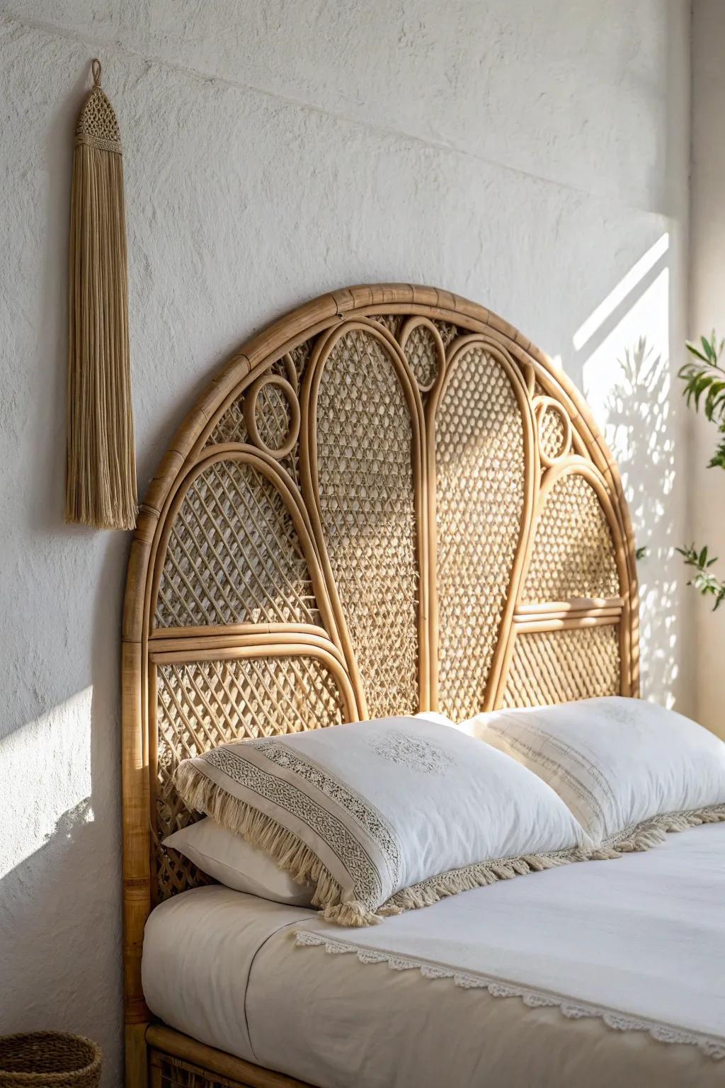 A woven rattan headboard that warms a plain wall—minimal, boho-soft, and beautifully crafted.
