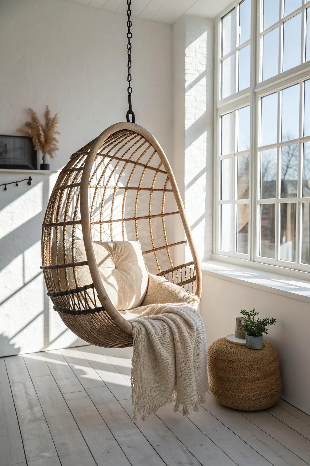 A rattan egg chair by the window—sunlit weave shadows that instantly elevate your living room.