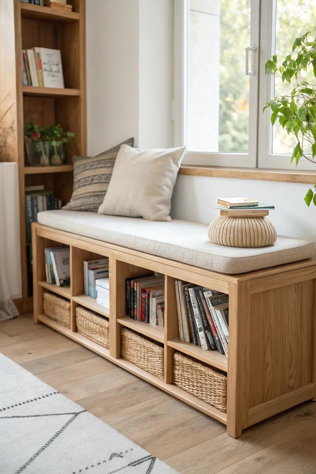 A built-in bench shelf that blends cozy seating and tidy storage for a dreamy classroom library.