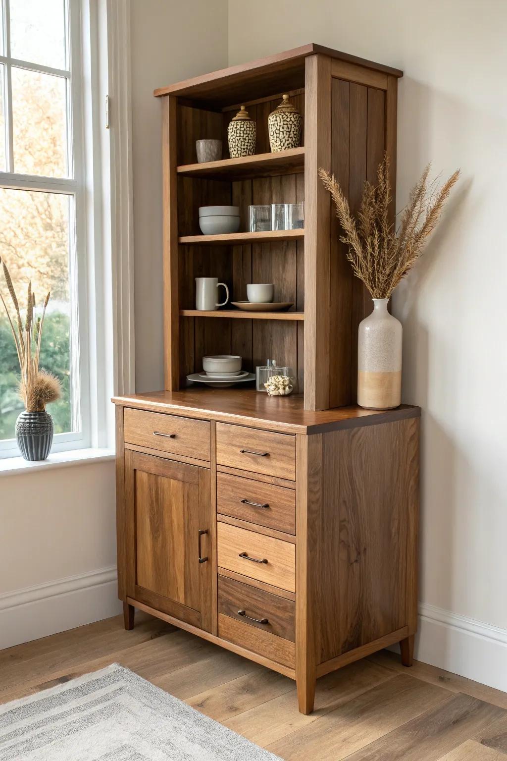 Space-saving corner bar with a diagonal top and warm wood shelving—minimal, social, and chic.