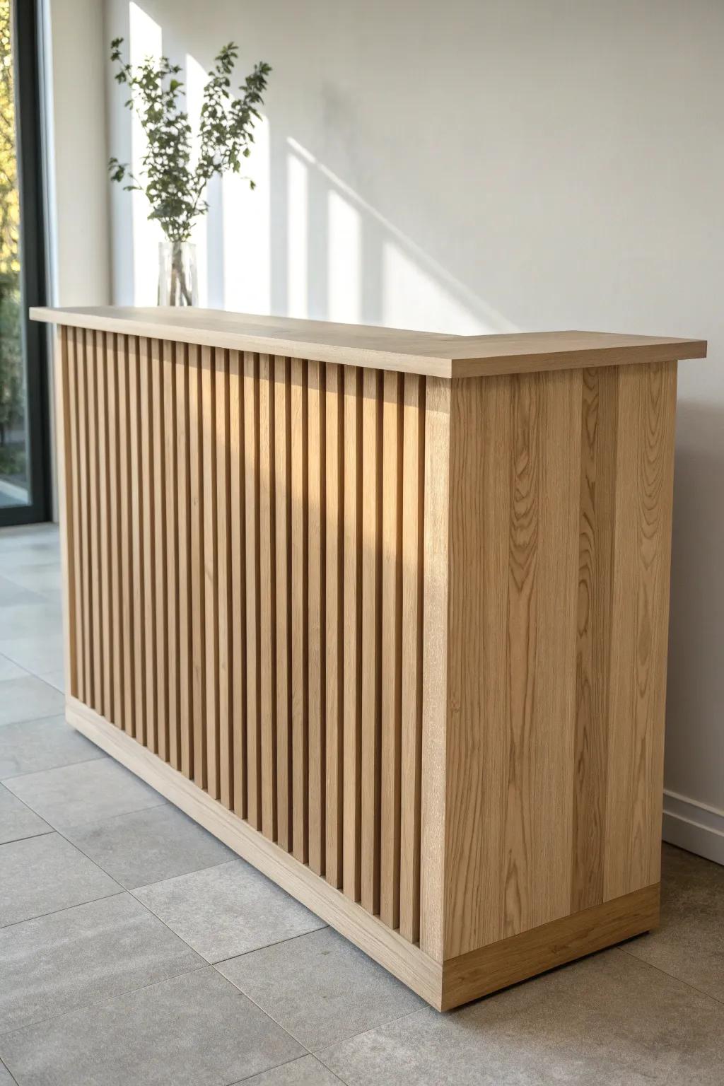 Vertical wood slats add shadow-line texture—making a reception desk look custom and calm.