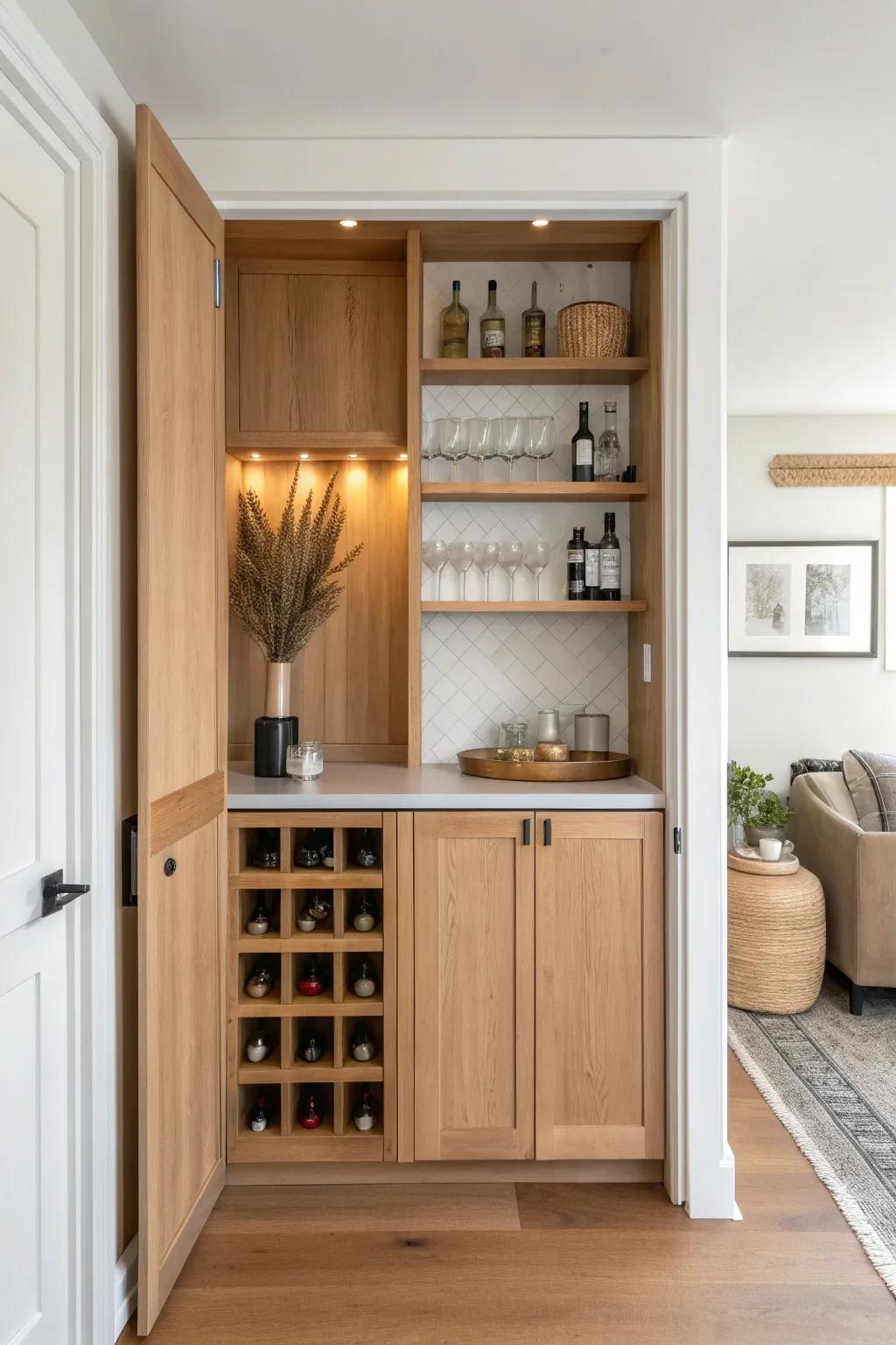 Closet doors open to reveal a recessed oak bar—minimal, hidden, and beautifully crafted.