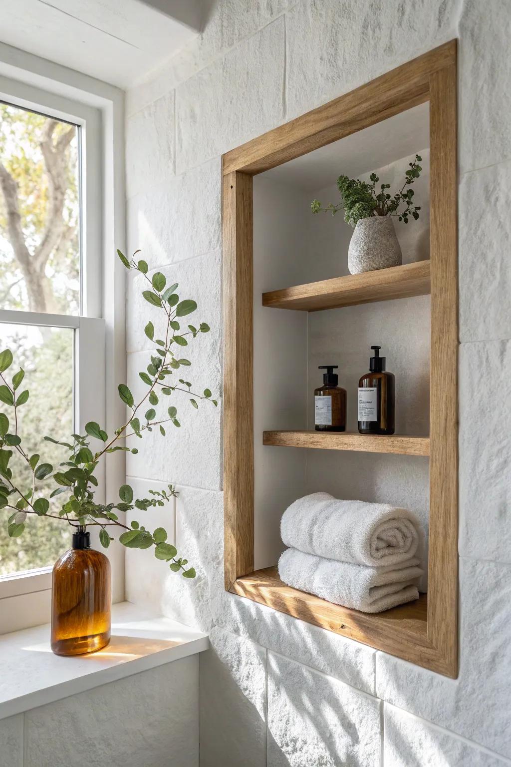 Swap a dated medicine cabinet for a clean oak-framed recessed shelf—simple, serene, stunning.