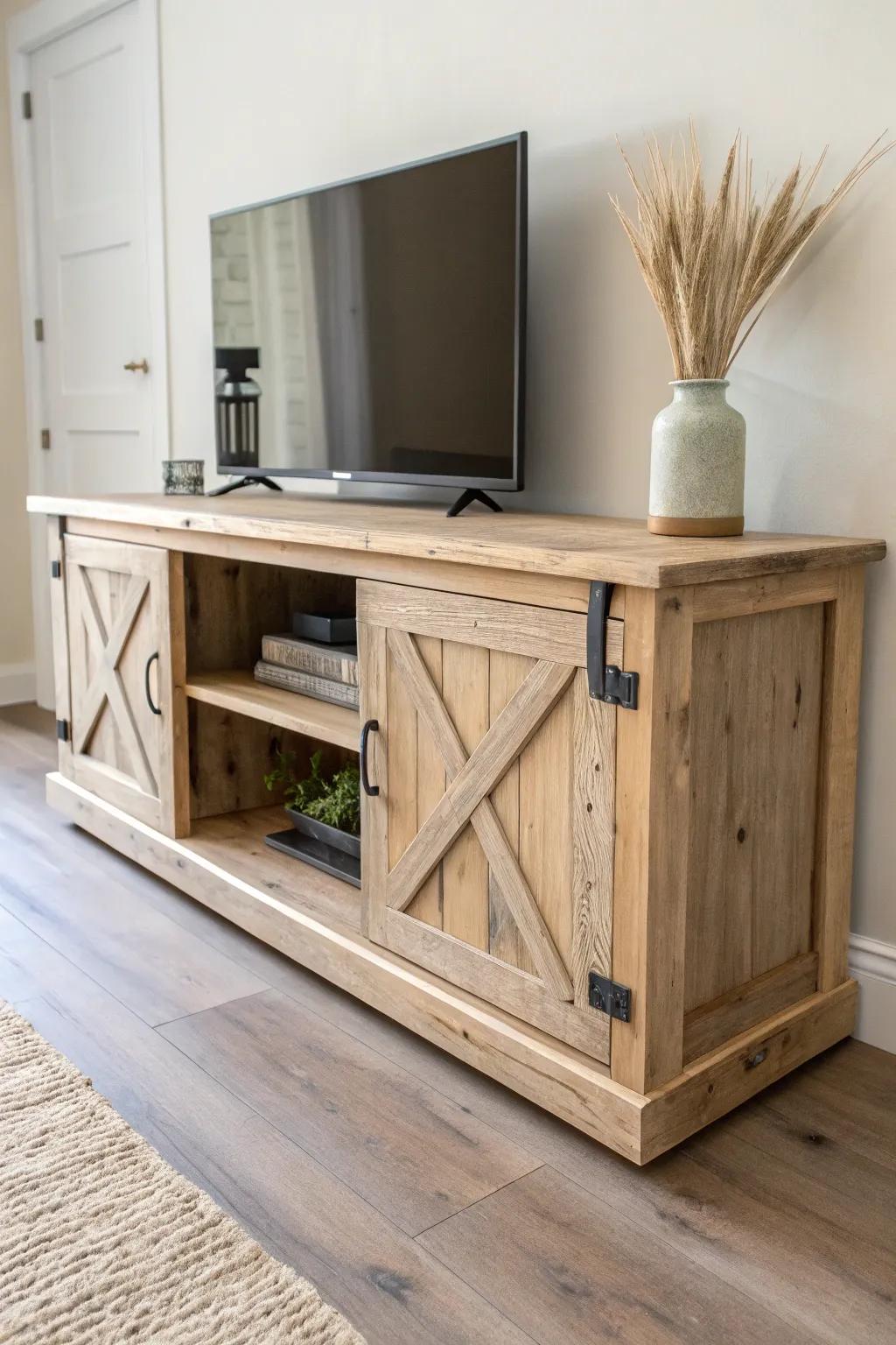 Rustic-meets-minimal sliding-door media console—reclaimed wood character in a clean, modern frame.