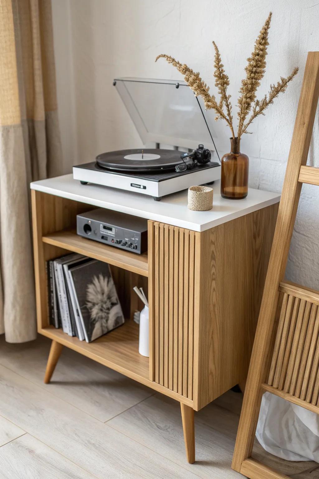 Sliding-slat oak door keeps records accessible while hiding clutter—clean, calm, and crafted.