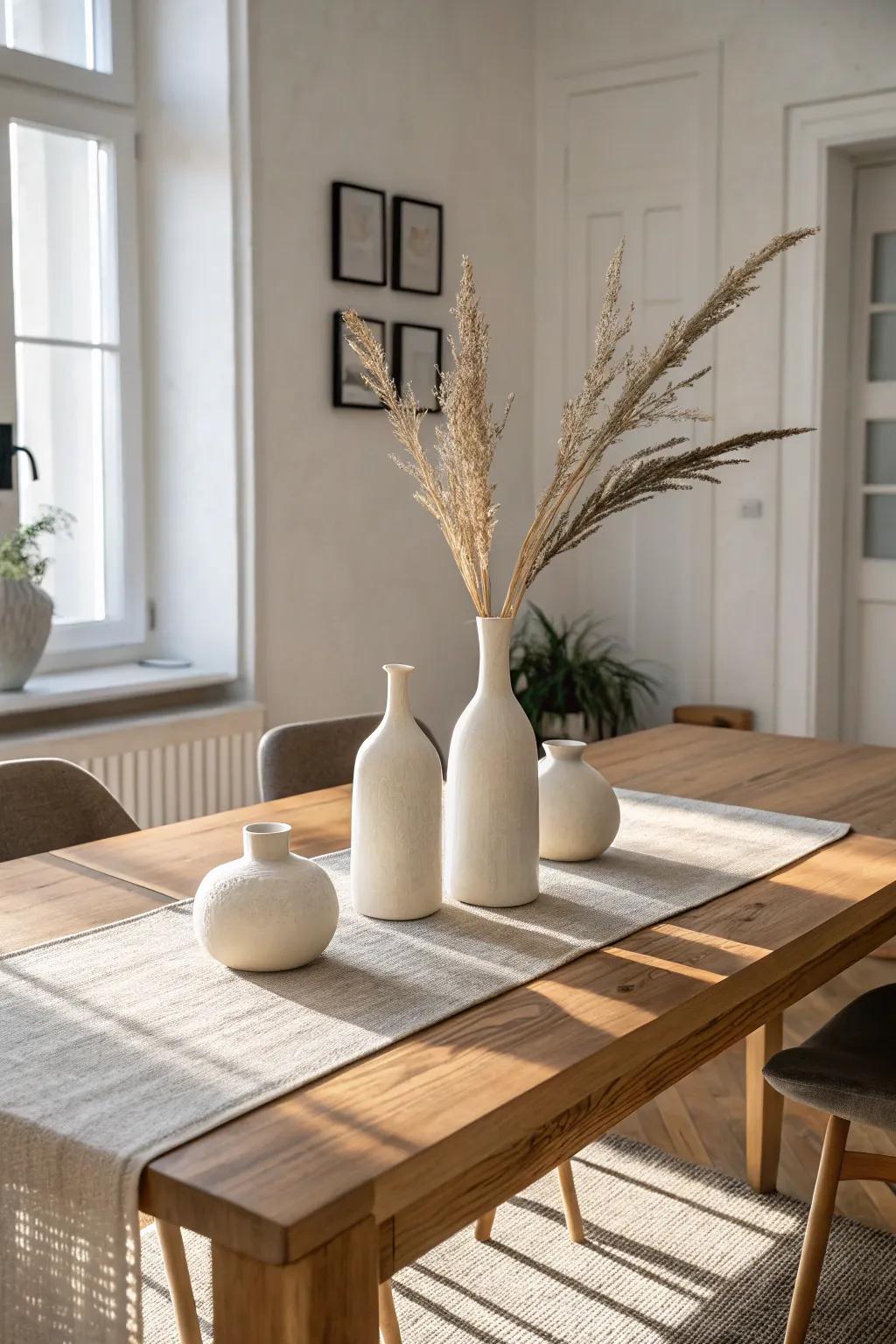 Three matching vases in a clean center line—simple, calm, and perfect for a long table.