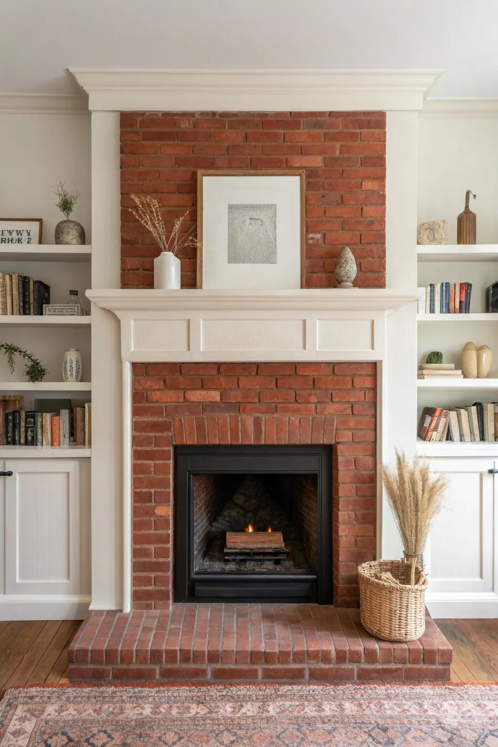 Red brick fireplace framed by soft-neutral built-ins—simple, warm, and perfectly styled.