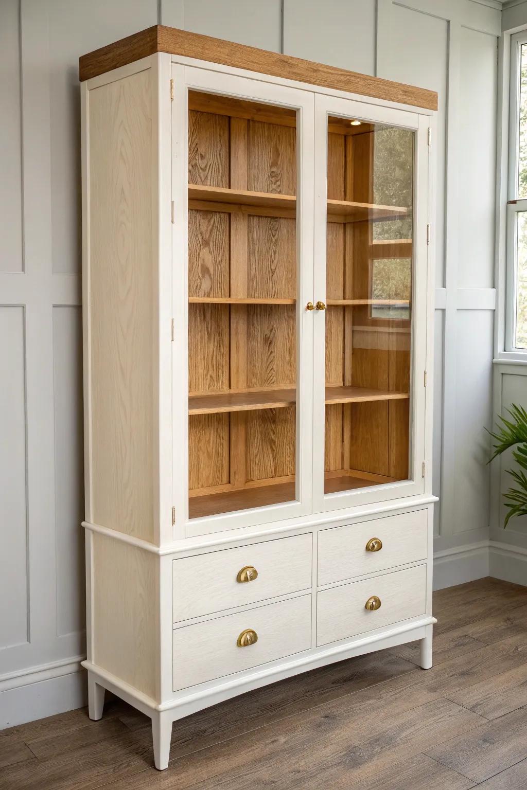 Two-tone china cabinet redo: creamy paint outside, warm wood inside for instant contrast.