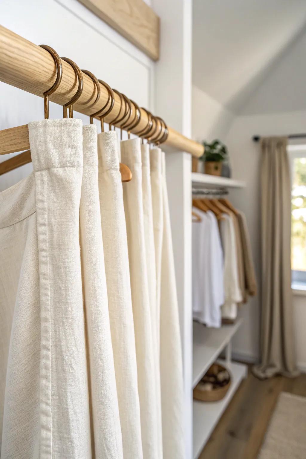 Swap doors for a soft linen curtain on a wood dowel—easy coverage with a breezy, open feel.